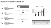 Summary slide showing business metrics in gray icons, financial bar chart and a table with percentages.