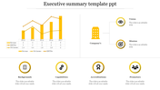 Yellow-themed slide featuring a chart, flowchart for company vision and mission, and four circular icons below.