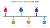 Timeline template from 2015 to 2020, featuring colour coded arrows to indicate events or milestones with placeholder text.