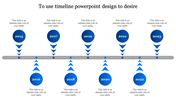 Horizontal timeline with blue circles representing years 2015 to 2023, connected by arrows above and below a gray line.