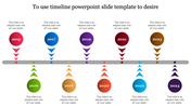 A timeline with year markers from 2015 to 2024 in various colors, arranged along a horizontal line with placeholder text.