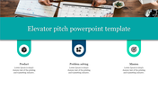 Business-focused elevator pitch template with three colored sections and icons with a text area and title text in teal color.