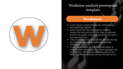 Weakness analysis displaying an orange 'W' icon on the left and descriptive text in a black box on the right.