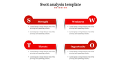 SWOT analysis template with four red sections, each containing descriptions, on a white background.