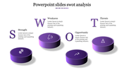 Slide featuring four purple 3D circular platforms, labeled S, W, O, and T, each with associated captions.