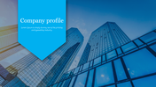 Company profile slide with a blue banner on the left and a modern skyline of glass buildings on the background.