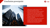 Infographic summarizing key points in a conclusion slide, with a cityscape background and details about Lorem Ipsum's usage.