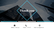 A thank you message in a blue diamond shape over a background of skyscrapers, with contact details below.