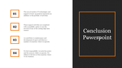 PowerPoint conclusion slide in a black and orange design background, showing four main points caption area to the left.