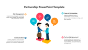 Partnership slide showing two businessmen shaking hands, surrounded by colorful icons with text descriptions.