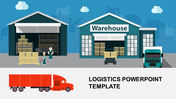 Slide featuring a logistics theme with two color coded warehouses, workers loading boxes, and a red delivery truck.