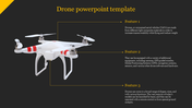 Presentation slide showcasing a white drone with red accents on a black background, with three feature points.