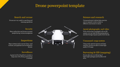 Drone PPT slide highlighting various applications of drones in different fields on a dark backdrop.