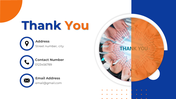 Thank you slide featuring an abstract circular image of hands and details for address, contact, and email.