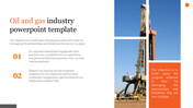 Image of an oil and gas drilling rig shown in vertical and horizontal segments beside text highlights with placeholder text.