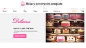 Bakery slide showcasing an inviting layout, featuring a section with a photo of beautifully decorated cakes and sweets.