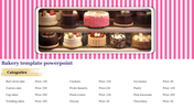 Decorated cakes in a showcase against a pink and white striped background with a menu of items and prices.