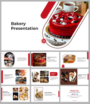 Bakery slide deck with topics on bread making, cake decoration, vegan baking, and sustainable practices.