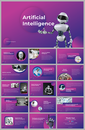 A pack of artificial intelligence slides with robot illustrations and sections on machine learning on a purple backdrop.