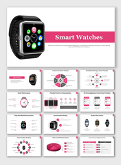 Smartwatch slide deck shown with multiple apps on-screen, positioned beside a pink  watches title banner.