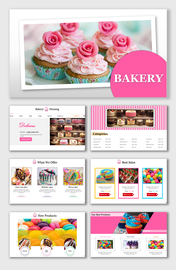 Pink themed bakery slide pack with images of colorful cupcakes, cakes, and product categories for sales and promotions.