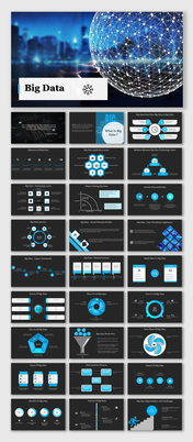 Slide deck with a dark theme, featuring a glowing network sphere and blue highlights, about big data concepts.