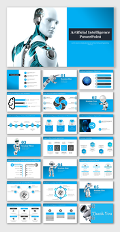 A slide deck featuring a robotic Ai figure with exposed mechanical elements, accompanied by a title banner.