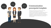 Communication slide with an illustration of three professionals having a conversation, with speech bubbles and text area.