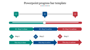 Progress bar template with three steps, indicating the completion status for each step using green, blue, and red colors.