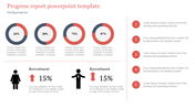 Slide displaying progress metrics with circular charts and recruitment increase/decrease visualization with icons and text.