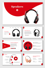 Slide with a red background on the left featuring the word speakers and a play button icon, with black and red headphones.