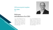 Monochrome image of a CEO with text introduction, and teal geometric shapes at the bottom.