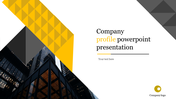 Modern company profile cover slide featuring geometric yellow and gray patterns with a cityscape background and text area.