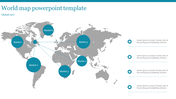 Map of the world in grey with six blue circles marking key markets and space for text descriptions.