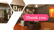 Modern interior design with a decorative thank you message in pink, featuring geometric patterns and wooden furniture.