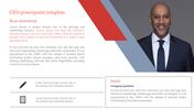 Professional CEO slide featuring a formal statement section, profile image, and details with icons and text area.