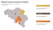 Map of Belgium with regions highlighted in shades of brown, orange, and yellow, along with text boxes for each region.