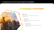 Company overview slide with a city skyline image and three text captions for placeholder text area.