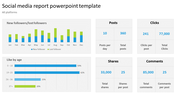 Social media reports slide, including color coded bar charts for followers, age demographics, and engagement statistics.