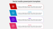 Vertical layout with four colorful social media icons and text boxes in red, blue, purple, and pink, each with captions.