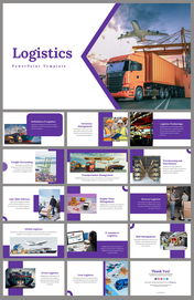 Slide deck focused on logistics, showing with images of transport, warehouses, and workers, with purple design elements.