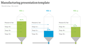 Manufacturing slide showing three silos labeled Silo 1, Silo 2, and Silo 3,  displaying pressure, temperature, and content.