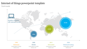 Internet of things PowerPoint slide showing global tech trends with a timeline of connected devices from 1995 to 2020.