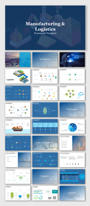 PowerPoint slides showcasing manufacturing and logistics, including topics like industry development and future goals.