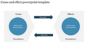 Cause and effect PowerPoint template with two hexagons, showing cause on the left and effect on the right, linked by arrows.