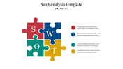 Four puzzle pieces in red, blue, green, and yellow forming a SWOT diagram, with text on the right.