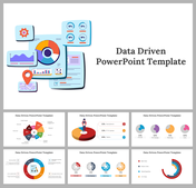 Data driven slides featuring various data visualizations, including charts and graphs with different colored layout designs.