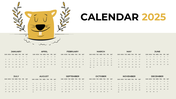 2025 calendar with an illustrated groundhog at the top, surrounded by decorative leaves, and a full year layout below.