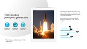 Tablet mockup PowerPoint slide showcasing a rocket launch with supporting graphics and icons for devices.