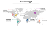 World map infographic slide showing six labeled locations across continents with colorful location markers.